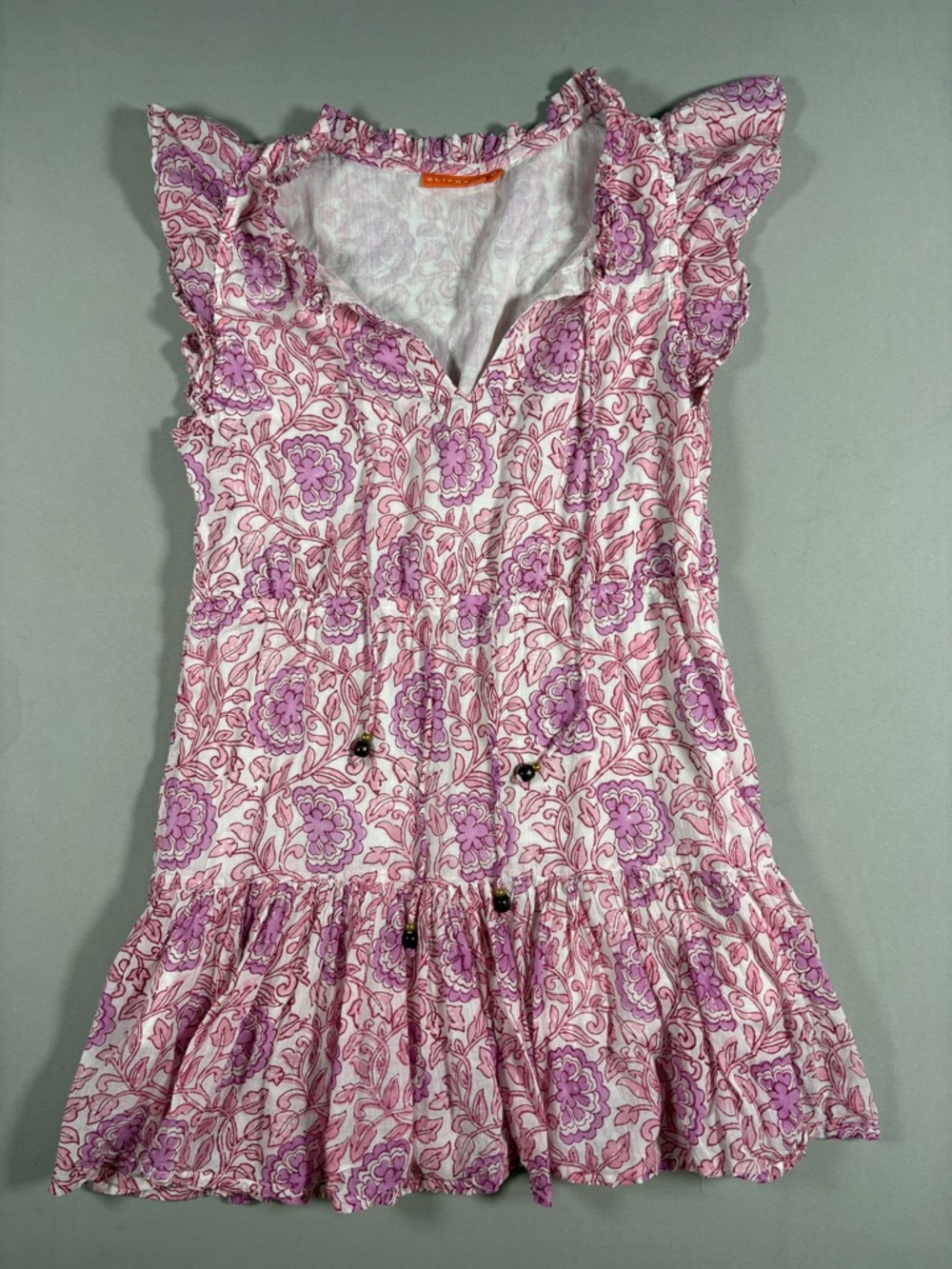 Oliphant Women's Cinched Flowy Ruffle Floral Cotton Mini Dress Size Small - Picture 3 of 11